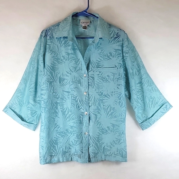 Vintage Graff Women's Teal Pastel Floral 3/4 Sleeve Button Down Blouse Size M - Picture 1 of 10